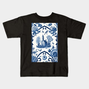 Floral Garden Botanical Print with Delft Blue and White Kids T-Shirt